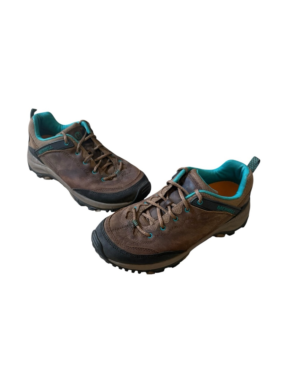 Merrell Performance Footwear Leather Hiking Boots Dark Earth Brown Teal Size 8.5
